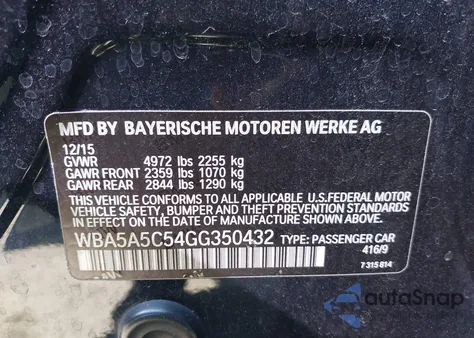 2016 BMW 528I from USA, damaged, VIN WBA5A5C54GG350432